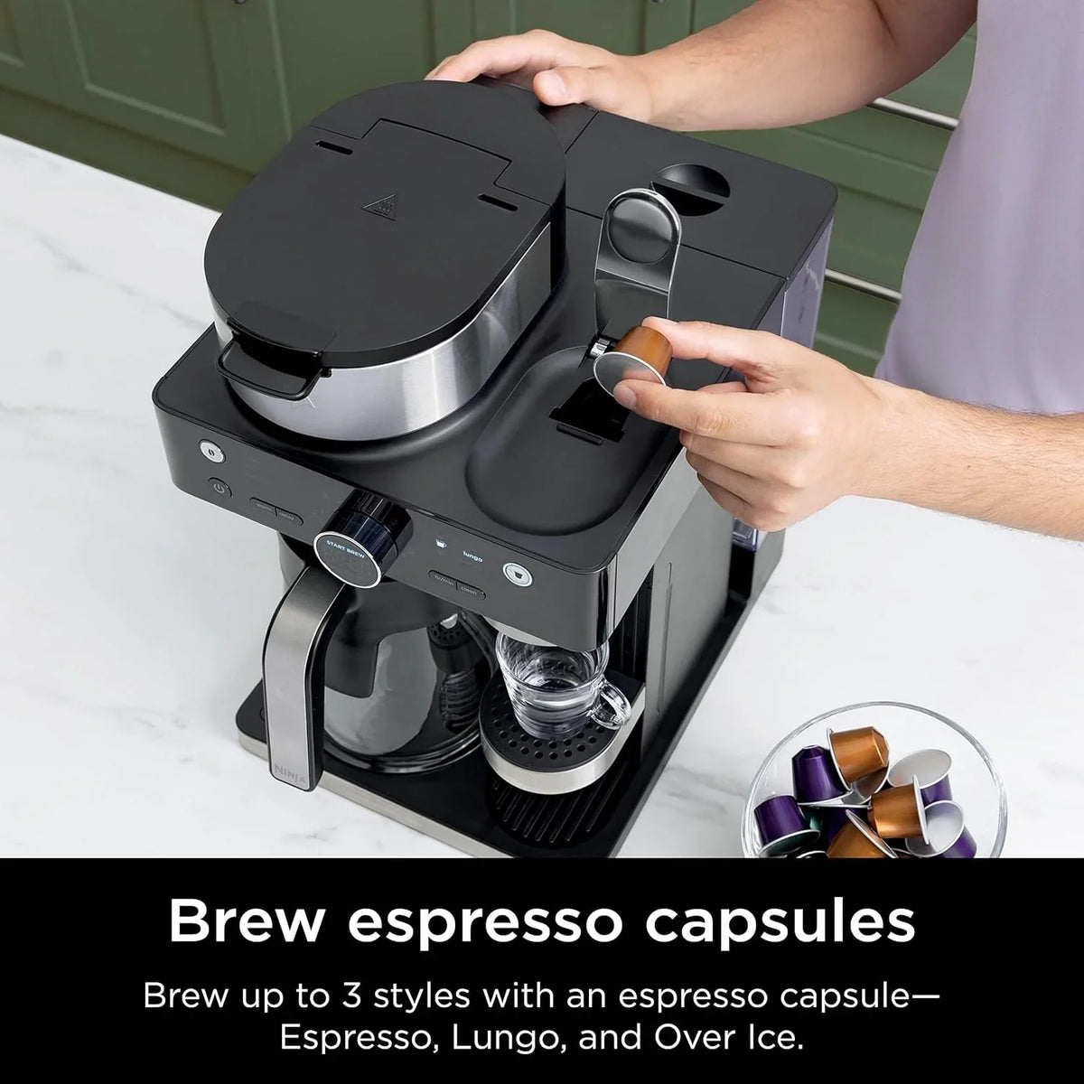 Italian espresso machine and coffee-making system, featuring three espresso brewing modes, supporting single-portion coffee and Nespresso capsules, with a built-in frother, capable of making Italian espresso, cappuccino and latte. Black style.