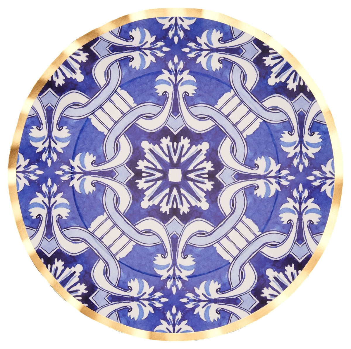Sophistiplate Moroccan Nights Round Bordered Trimmed Paper Disposable Dinner Plates, Blue/Gold, Tile, 10-in, 8-pk, for Mother's Day/Easter