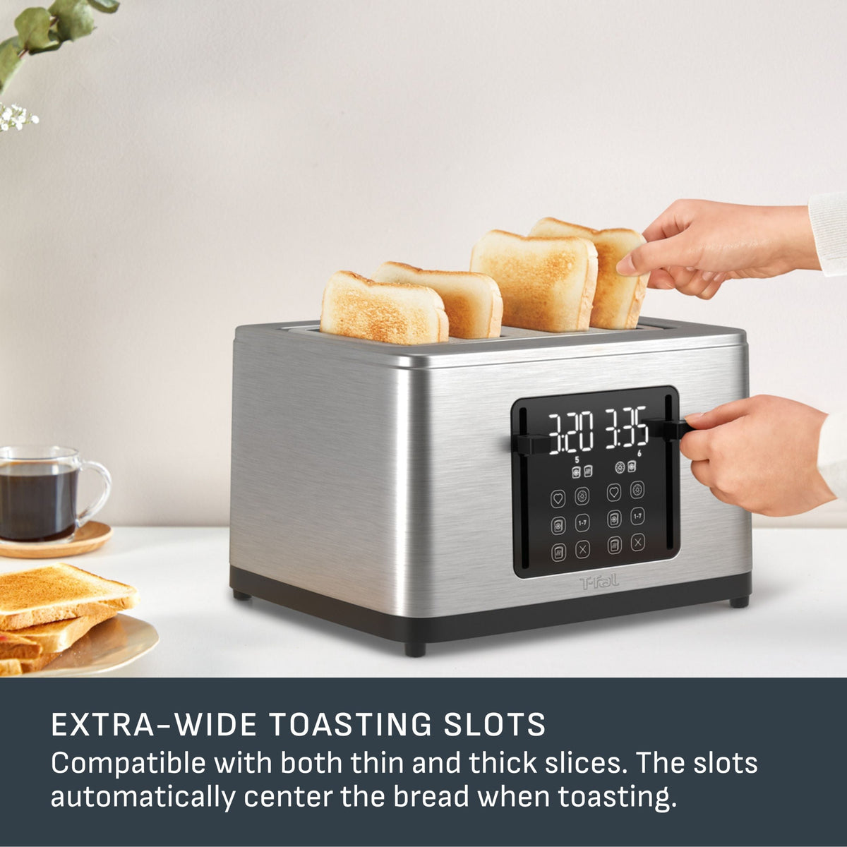 T-fal 4-Slice Stainless Steel Digital Toaster, Extra wide slots, 7 Browning levels