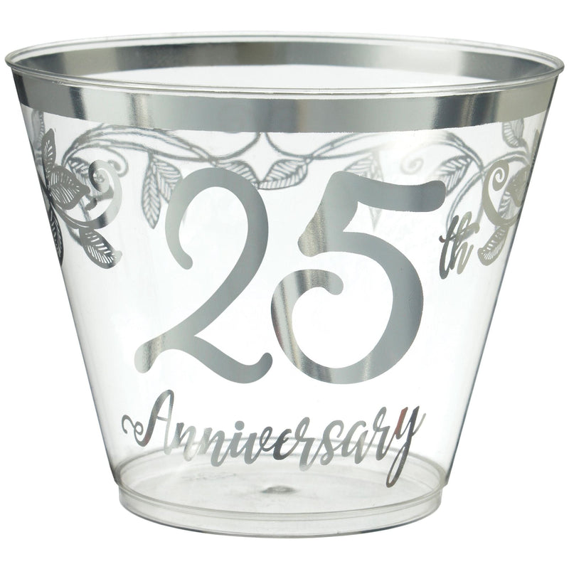 "25th Anniversary" Bordered Trimmed Plastic Reusable Tumbler Cups, Clear/Silver, 9-oz, 30-pk, for Anniversary Party Z7