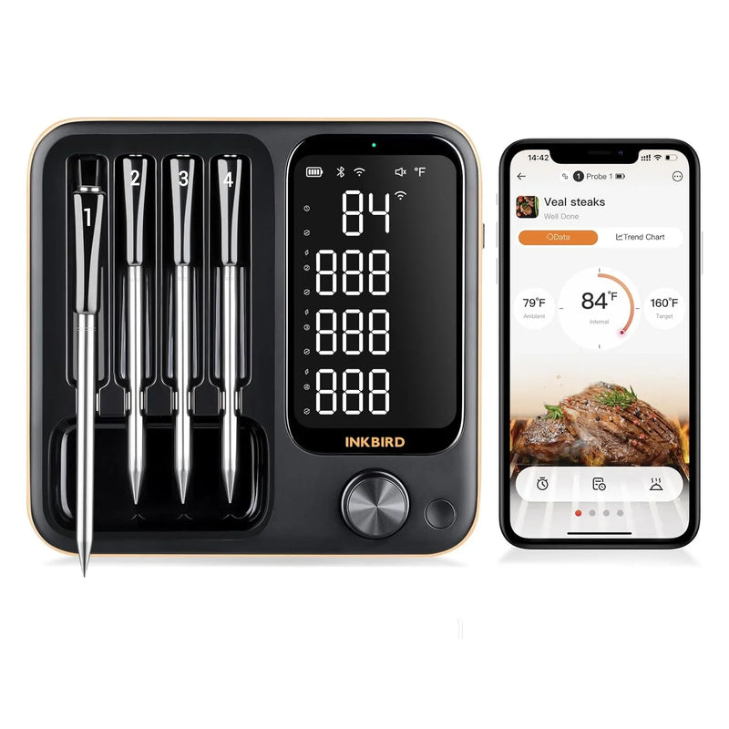 True wireless meat thermometer, equipped with 4 probes, Bluetooth meat thermometer, with backlit LCD display, Wi-Fi-enabled smart food thermometer, rechargeable, suitable for barbecue grills, charcoal grills, ovens, and rotating barbecue racks. H7