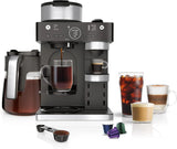 Italian espresso machine and coffee-making system, featuring three espresso brewing modes, supporting single-portion coffee and Nespresso capsules, with a built-in frother, capable of making Italian espresso, cappuccino and latte. Black style.