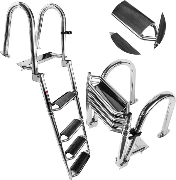 4 Steps Telescoping Boat Ladder Reinforce Dock Ladder Heavy Duty Swim Deck Ladder with Hand Railings and Extra Wide Steps H1