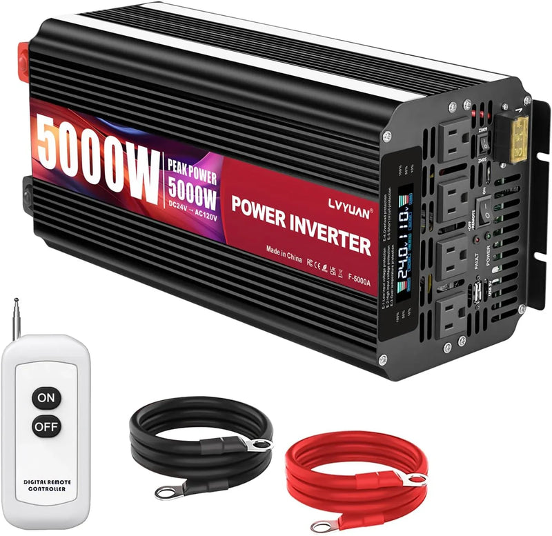 5000 Watt Power Inverter 12V to 110V 120V for Vehicle, Solar Inverter System, Heavy Duty, RV, Truck, Off Grid,Camping with 4 AC Outlets, LCD Display, Wireless Remote Control, Car Power Inverter E4
