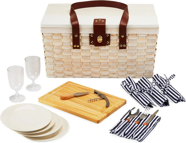 Outdoor picnic basket (with lid and handle), four-person picnic basket (including accessories) picnic equipment set (28-piece set) W9