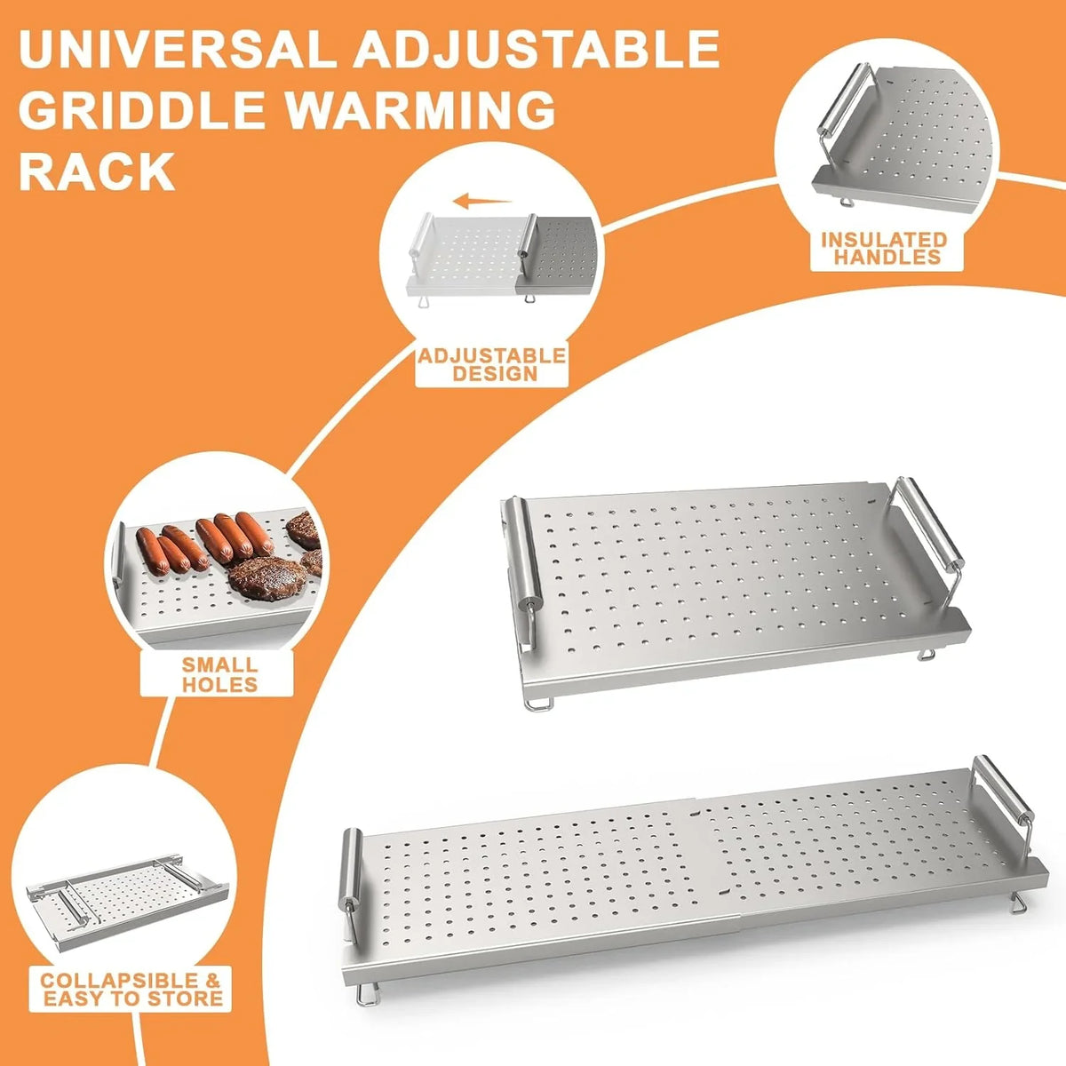Adjustable baking pan heating/cooling rack, suitable for Blackstone baking pan accessories, with dimensions of 17 inches, 22 inches, 28 inches, 36 inches. Universal stainless steel heating tray/heating rack shelf/heater