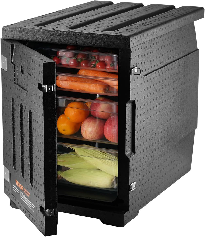 Food tray transportation box, 95-gallon insulated box for the catering industry, LLDPE food tray box with double clasps, front-mounted food heater with handle, suitable for stacking end loaders in restaurants, canteens, etc. black P0