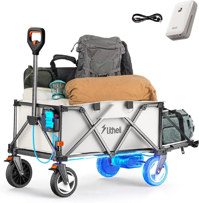Utility truck, with a capacity of 200 liters and a load capacity of 300 pounds, featuring a foldable heavy-duty design, equipped with all-terrain wheels, featuring variable speed drive and battery power functions, suitable for camping, beaches, garde Y0