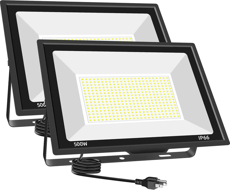 500W LED Flood Light Outdoor 2 Pack, 2000W Equivalent FloodLight with Plug, Super Bright 55000LM 5000K Daylight White IP66 Waterproof Commercial Lighting for Sports Fields,Courts,Arena,Stadium K2