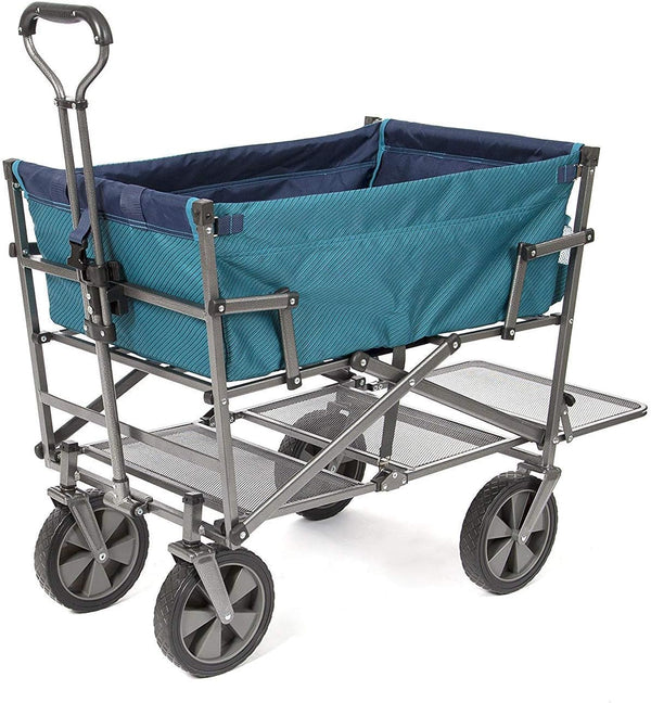 A foldable double-layer outdoor multi-functional truck, equipped with a long lower shelf, in blue-green color. C4