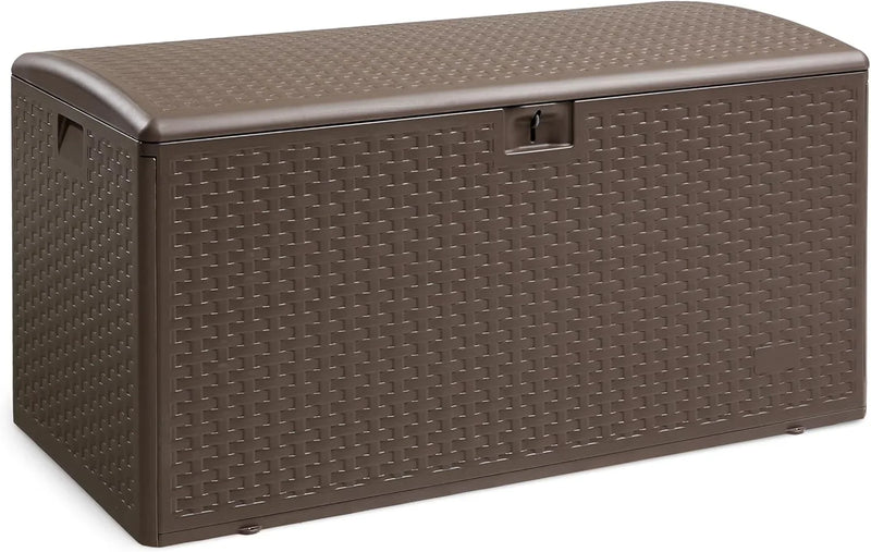 Outdoor patio storage box - 150 gallons. Loft box, waterproof and highly resistant to weather, suitable for furniture cushions and gardening tools, brown color scheme. U2
