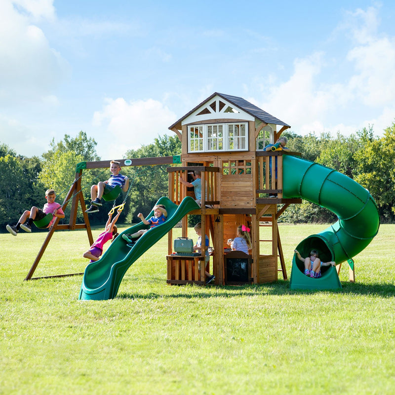 Backyard Discovery Kids' Bristol Point Cedar Wood Swing Set with Swing Beam, Upper & Lower Fort, Rock Wall & Slide Play for up to 11 Kids I2