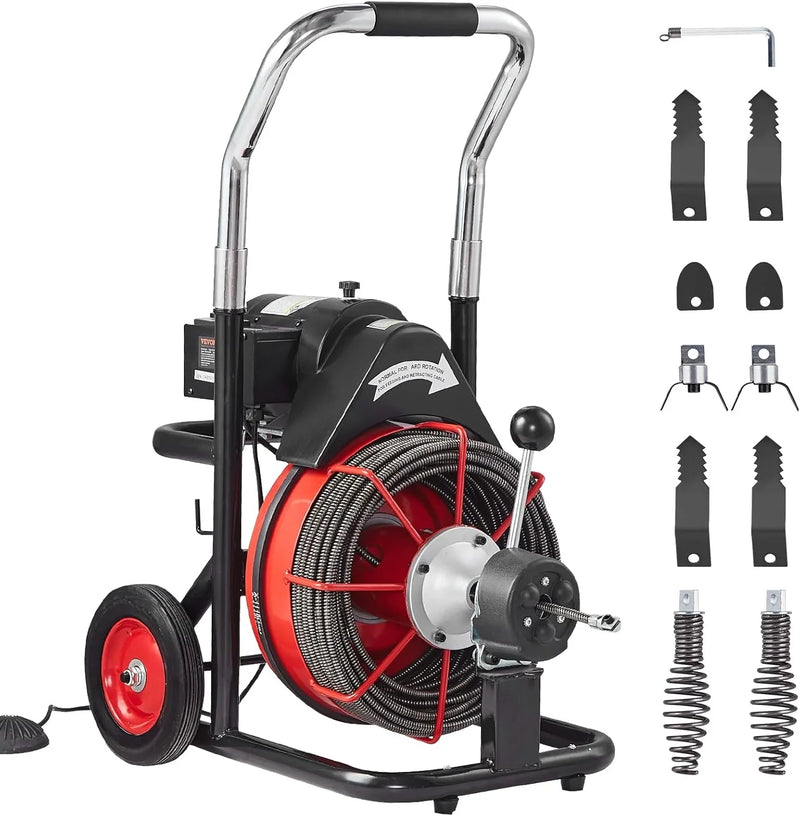 Drain Cleaner Machine 100FT x 1/2 Inch, Auto Feed Sewer Snake Auger on Wheels, 550W Portable Drain Cleaning Machine with 8 Cutters & Air-activated Foot Switch for 2" to 4" Pipes V5