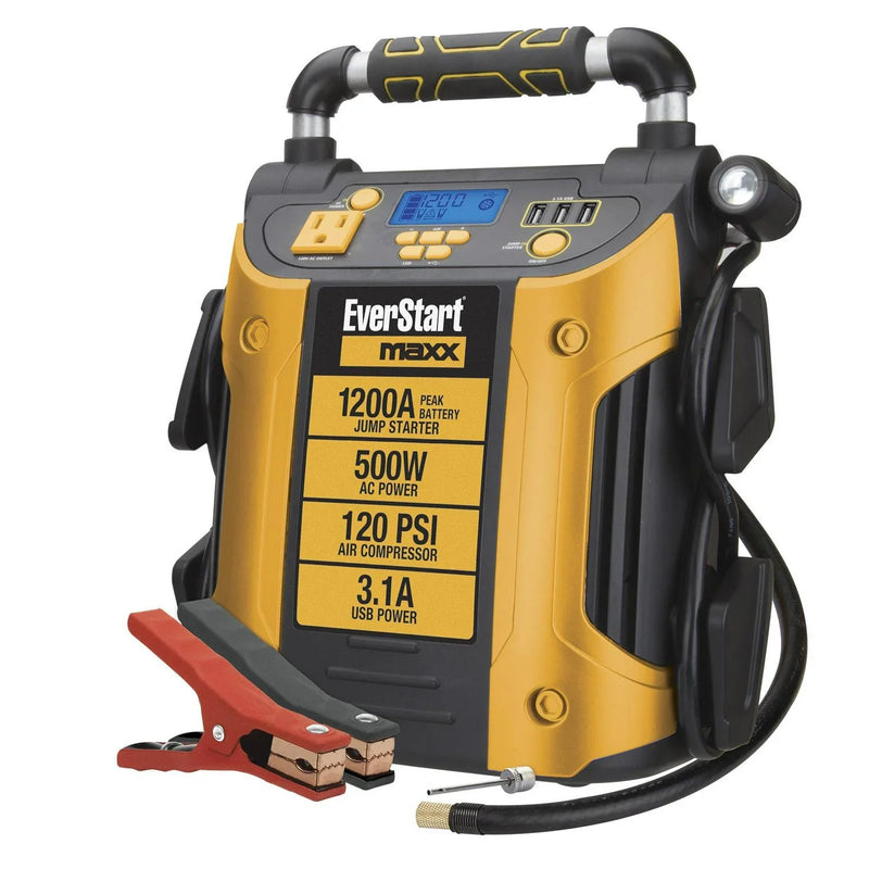 J5CPDE Jump Starter, Power Station, 1200 Peak Battery Amps with 500W Inverter and 120 PSI Compressor O8