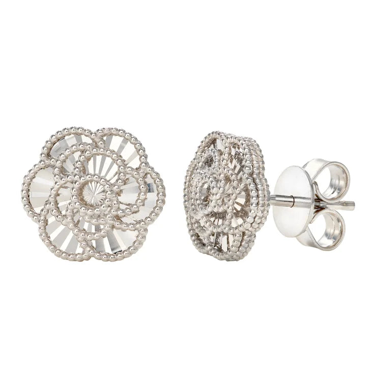 Diamond Cut Textured Flower Stud Earrings in White Gold F2