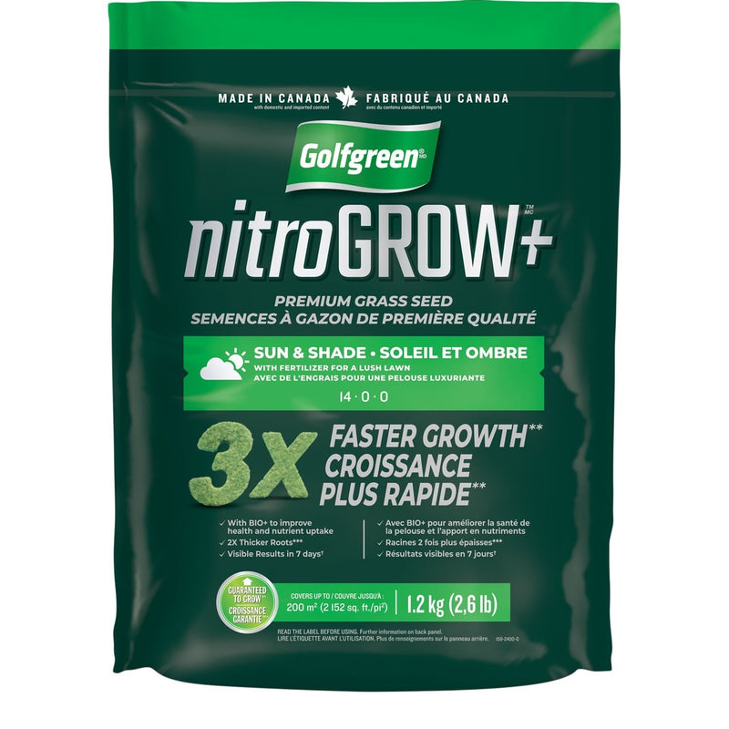 Golfgreen Nitrogrow+ Premium Nitrogen Enriched Sun and Shade Grass Seed with Fertilizer, 14-0-0, 1.2kg G1