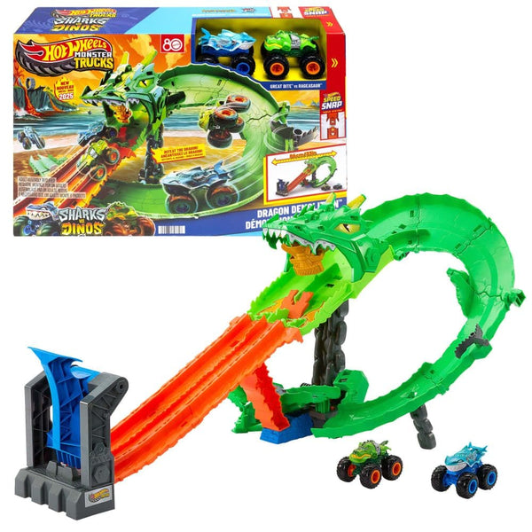 Hot Wheels Sharks vs. Dinos Dragon Destruction Playset with 2 1:64 Hot Wheels Monster Trucks P5