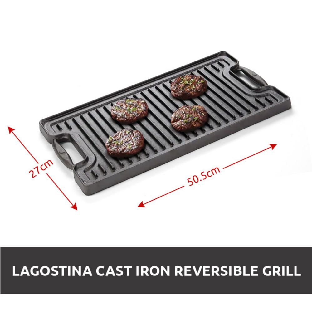Lagostina Pre-Seasoned Cast Iron Reversible Grill, Oven & BBQ Safe, Black, 20-in x 10-in