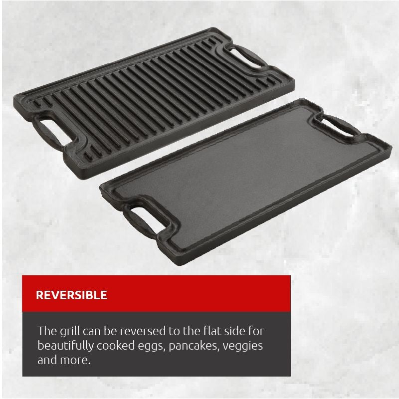 Lagostina Pre-Seasoned Cast Iron Reversible Grill, Oven & BBQ Safe, Black, 20-in x 10-in