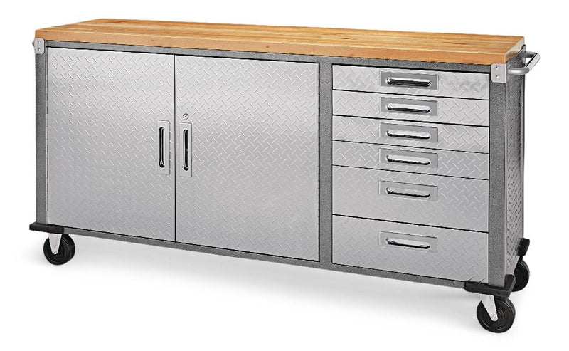 Mastercraft 72" Diamond Series 2-Door, 6-Drawer Wooden Top Work Station with Wheels, 72 x 21-5/8 x 37-1/2-in V7