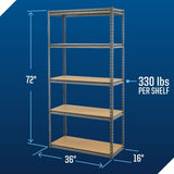 Mastercraft Adjustable 5-Shelf Steel Metal & Wood Storage Rack / Shelving Unit, 36 x 16 x 72-in