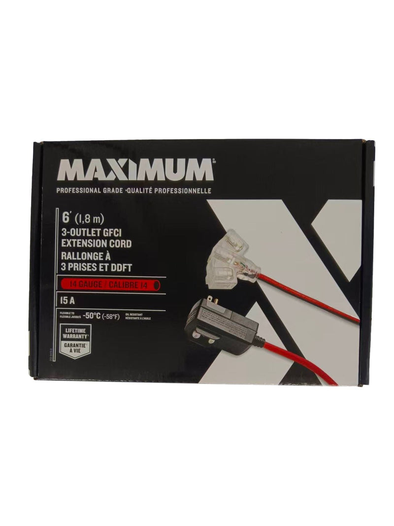 MAXIMUM 6-ft 14/3 Outdoor GFCI Extension Cord with 3 Grounded Outlets, Lighted End, Block/Red U4