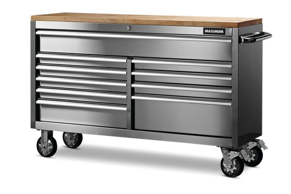 MAXIMUM Butcher Block Top Rolling Tool Storage Cabinet with 10 Drawers, Stainless Steel, 56-in O7