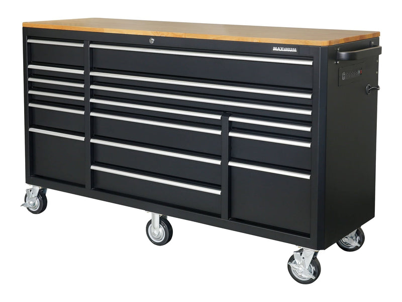 MAXIMUM Tool Cabinet with Wood Top and 4-Outlet Power Strip, Black, 74x24-in X2