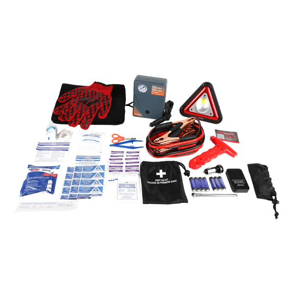 MotoMaster Executive Safety Kit with Booster Cables, Air Compressor & LED Flares S9