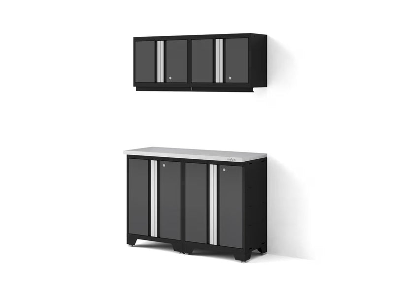 NewAge Bold 3.0 Series All-in-One Lockable Steel Garage Cabinetry Set with Stainless Steel Top, Black/Grey, 48-in x 18-in x 76.75-in, 5-pc E2