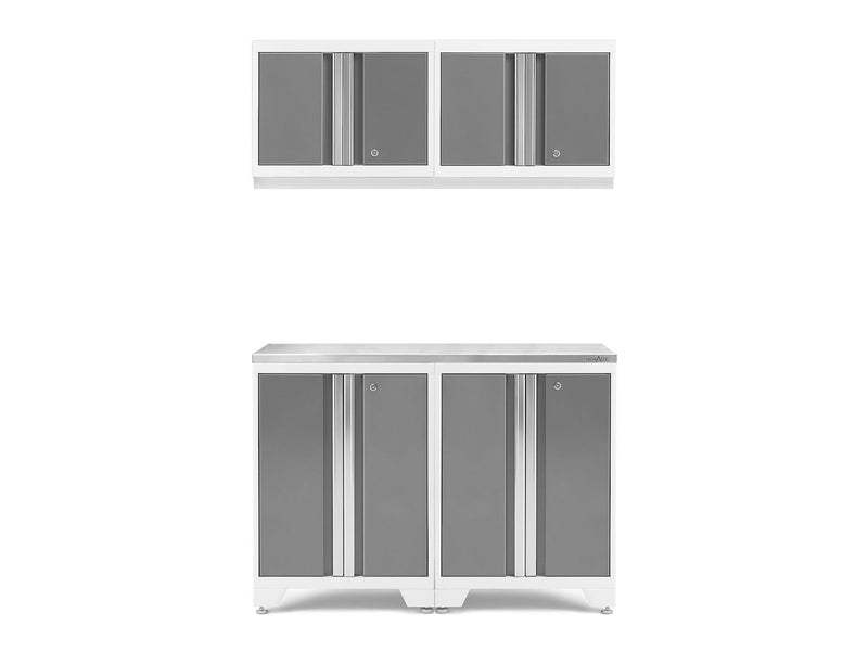 NewAge Bold 3.0 Series All-in-One Lockable Steel Garage Cabinetry Set with Stainless Steel Top, White/Platinum, 48-in x 18-in x 76.75-in, 5-pc F9