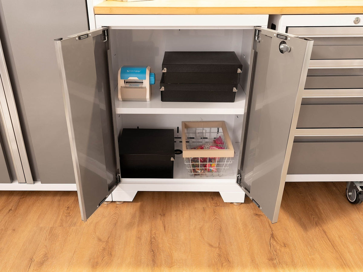 NewAge Bold 3.0 Series All-in-One Lockable Steel Garage Cabinetry Set with Stainless Steel Top, White/Platinum, 48-in x 18-in x 76.75-in, 5-pc