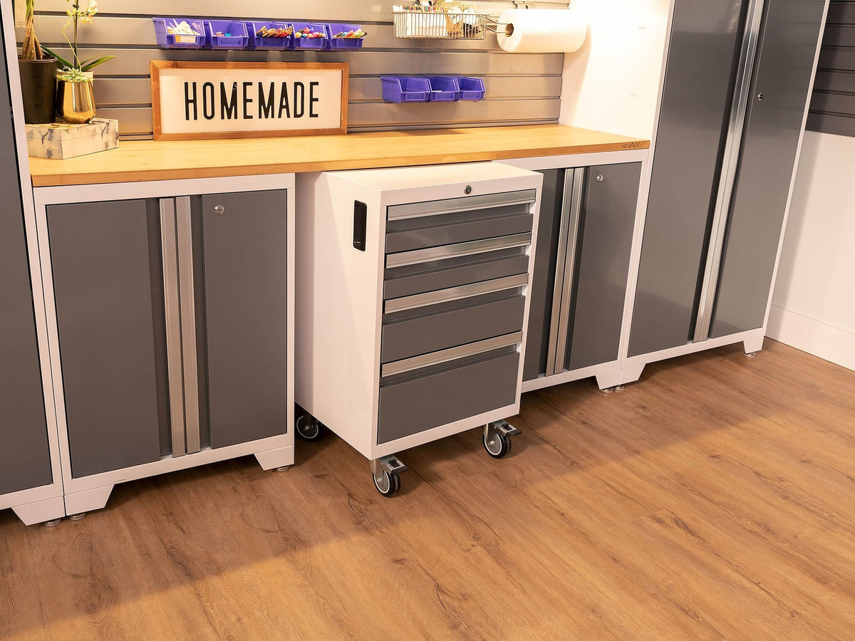 NewAge Bold 3.0 Series All-in-One Lockable Steel Garage Cabinetry Set with Stainless Steel Top, White/Platinum, 48-in x 18-in x 76.75-in, 5-pc