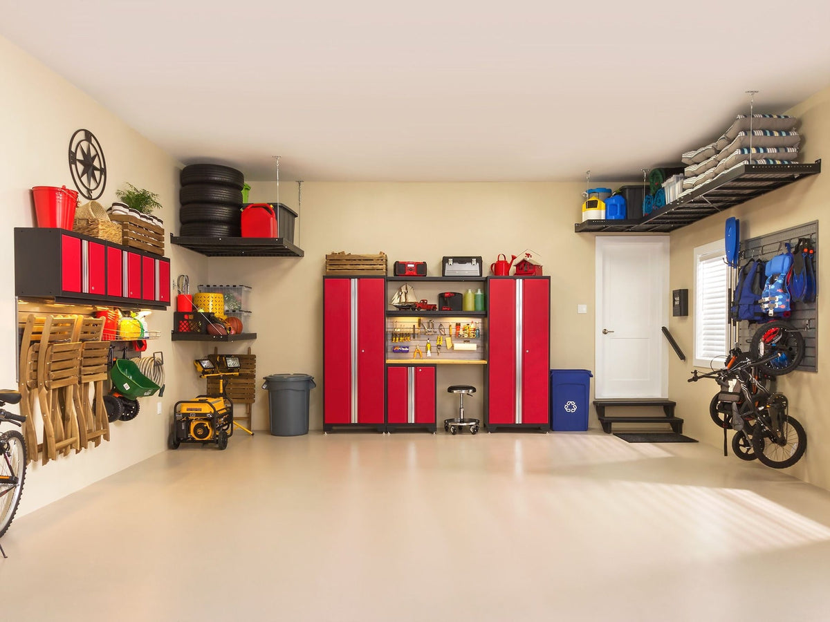 NewAge Bold 3.0 Series All-in-One Lockable Steel Garage Cabinetry Set with Stainless Steel Top, Black/Red, 48-in x 18-in x 76.75-in, 5-pc