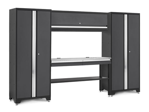 NewAge Bold 3.0 Series Lockable Steel Garage Cabinetry Set with Stainless Steel Top, Grey, 120-in x 18-in x 72-in, 5-pc V9