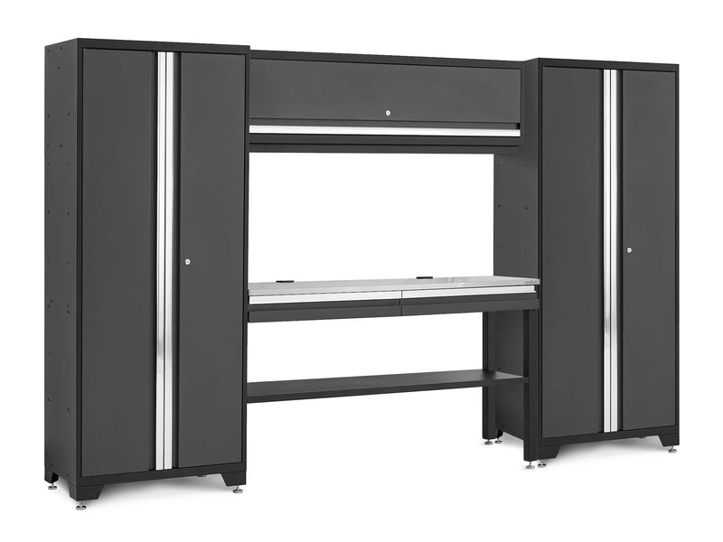 NewAge Bold 3.0 Series Lockable Steel Garage Cabinetry Set with Stainless Steel Top, Grey, 120-in x 18-in x 72-in, 5-pc V9