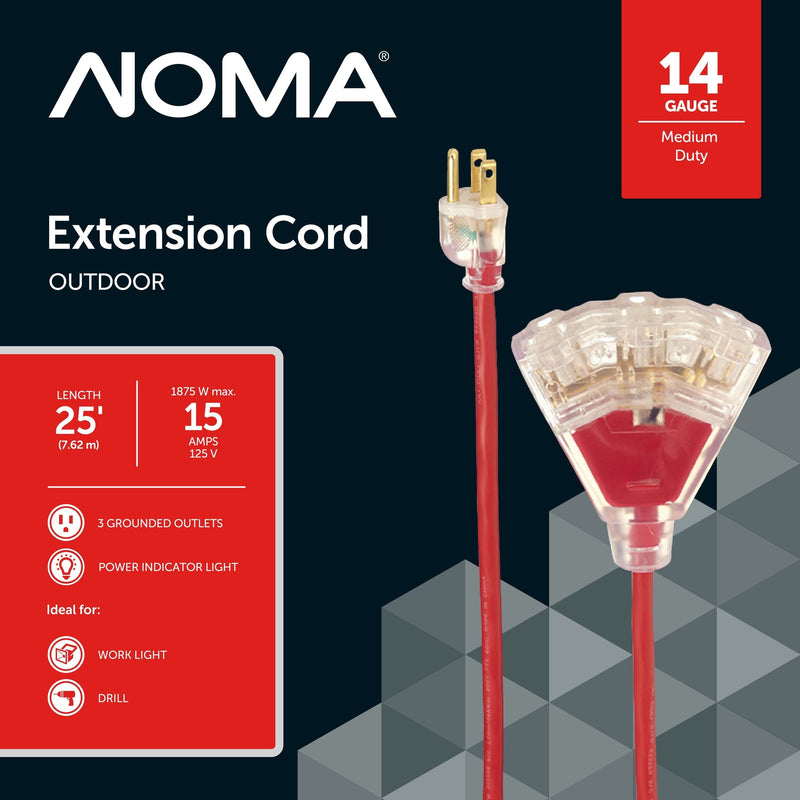 NOMA 14/3 Outdoor Extension Cord with 3 Grounded Outlets & Lighted End, Red G7