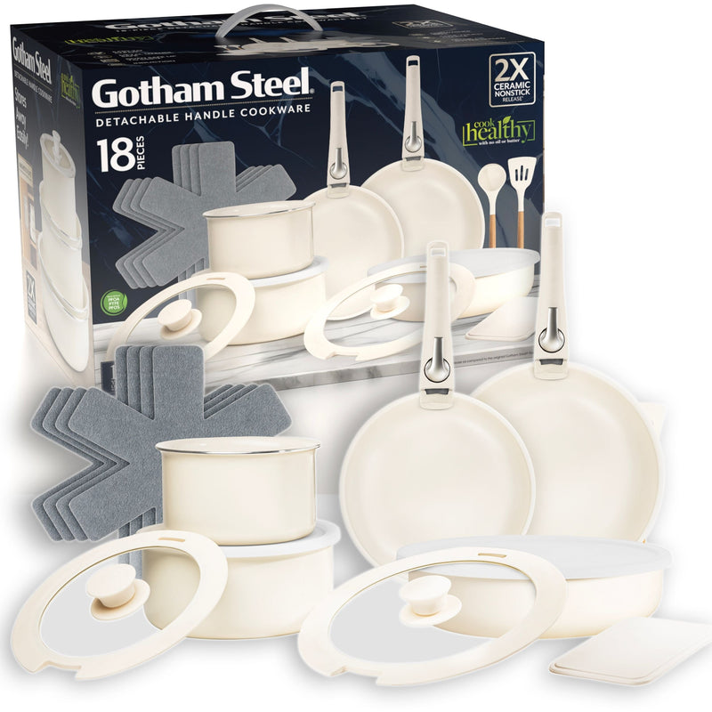 OB Gotham Steel Pots & Pan Set with Removable Handles, Cream, 18-pc N4