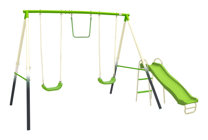 Sportspower Outdoor 4-Station Metal Swing Set Combo with 2 Swings, Trapeze & Slide, Ages 3+ I3