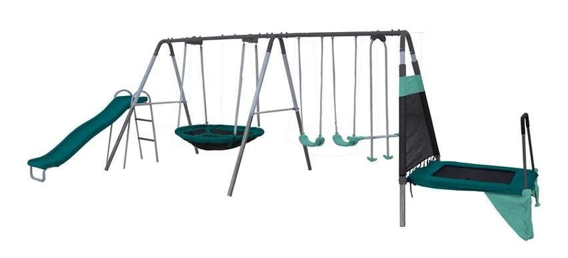 Sportspower Outdoor Ravine Metal Swing Set Combo, 2 Swings, Glider, Trampoline & Saucer Q1