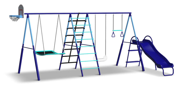 Sportspower Sunset Slam Kids' 7-Station LED Metal Swing Set Combo with Basketball Hoop & Slide D2