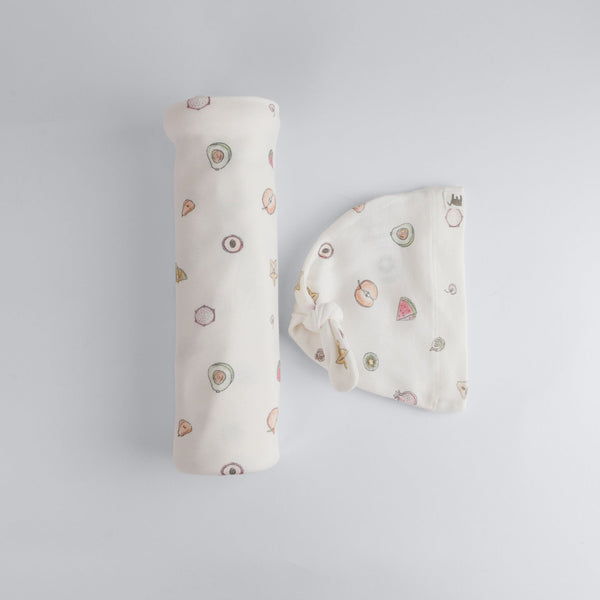 The Elk Baby Fruit Print Premium Organic Cotton Blanket and Beanie Set O8