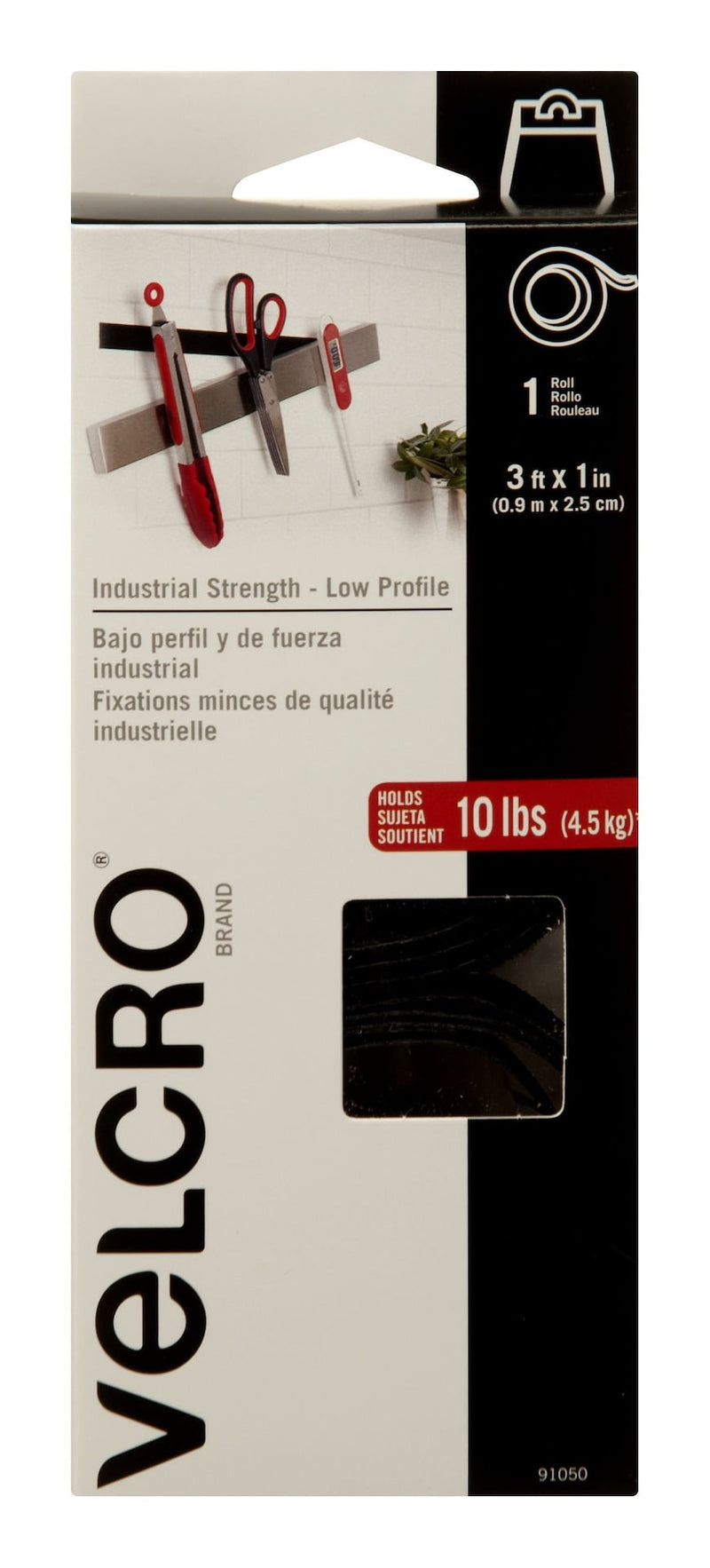 Velcro Industrial Strength Low Profile Heavy Duty Tape, Black, 10-lbs, 3-ft x 1-in, 1-pk Z5