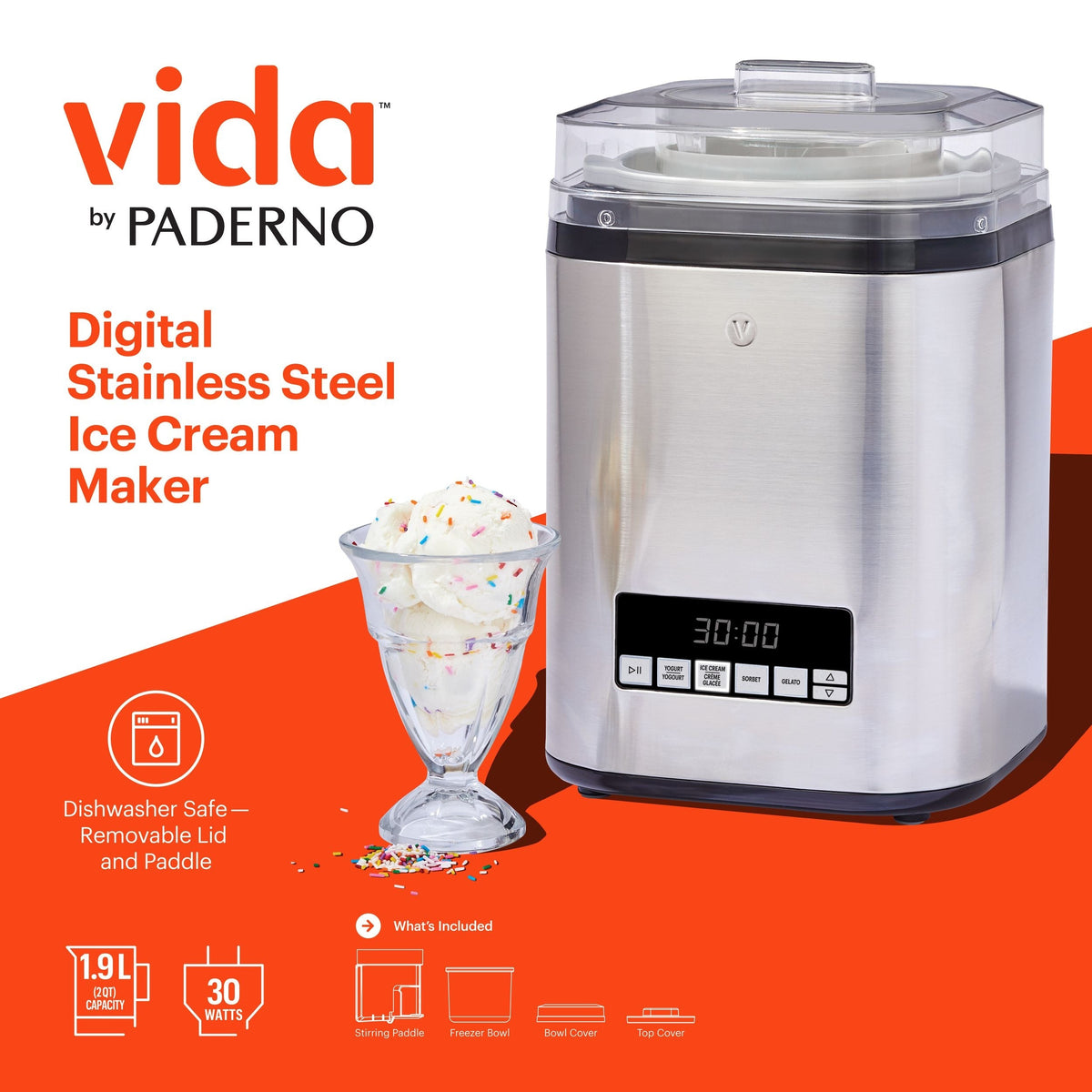 Vida by PADERNO Digital Ice Cream Maker, 4-in-1 Ice Cream & Frozen Treat Maker, Stainless Steel, 1.9-L