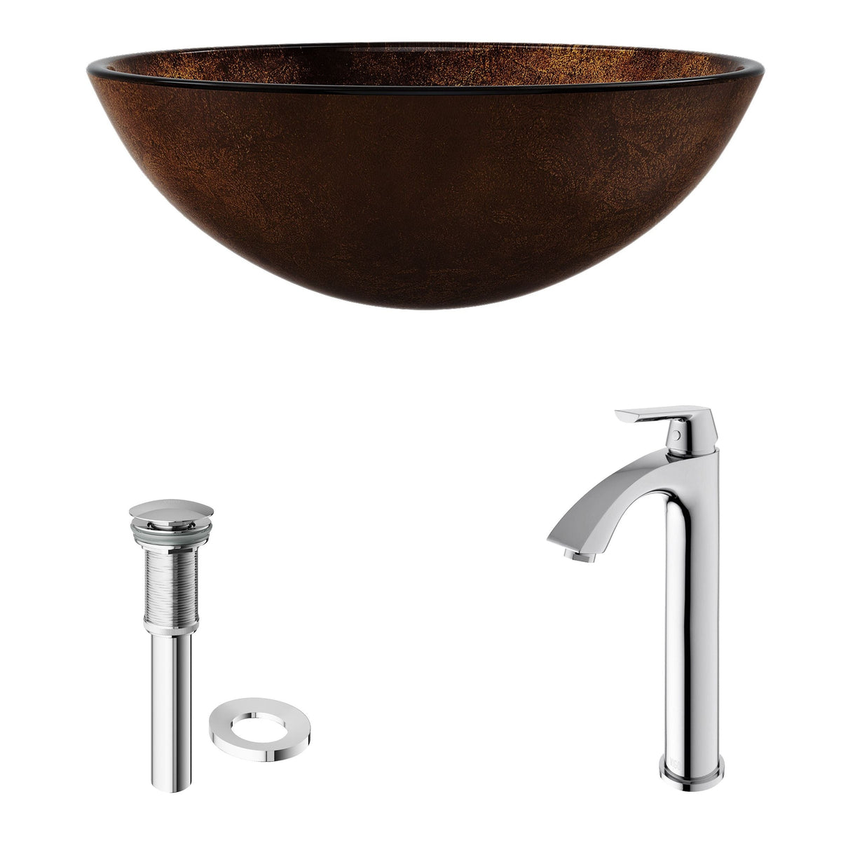 VIGO Glass Russet Brown Bathroom Sink/Basin Set with Linus Faucet and Round Vessel