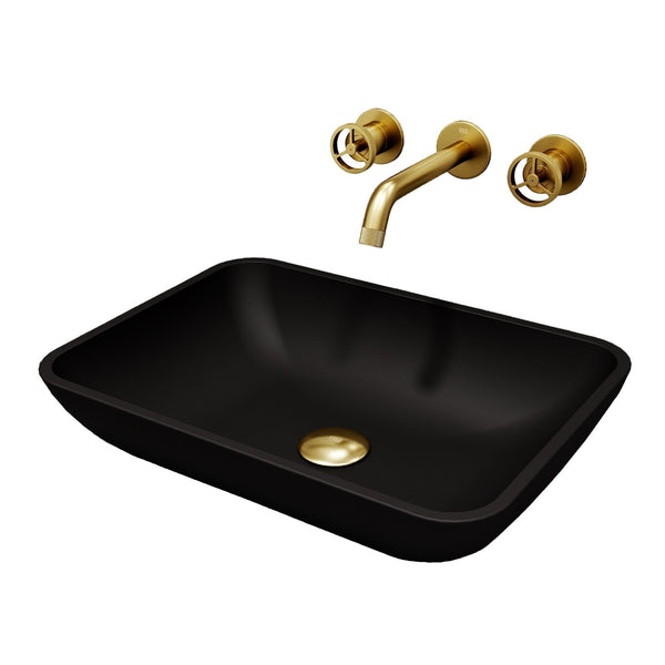 VIGO Sottile MatteShell Matte Black Bathroom Sink/Basin Set with Cass Wall Mount Faucet and Glass Rectangular Vessel T9